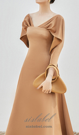 ODELIA V-NECK BROWN A-LINE MIDI DRESS