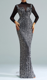 stand collar sequin panel maxi dress in black