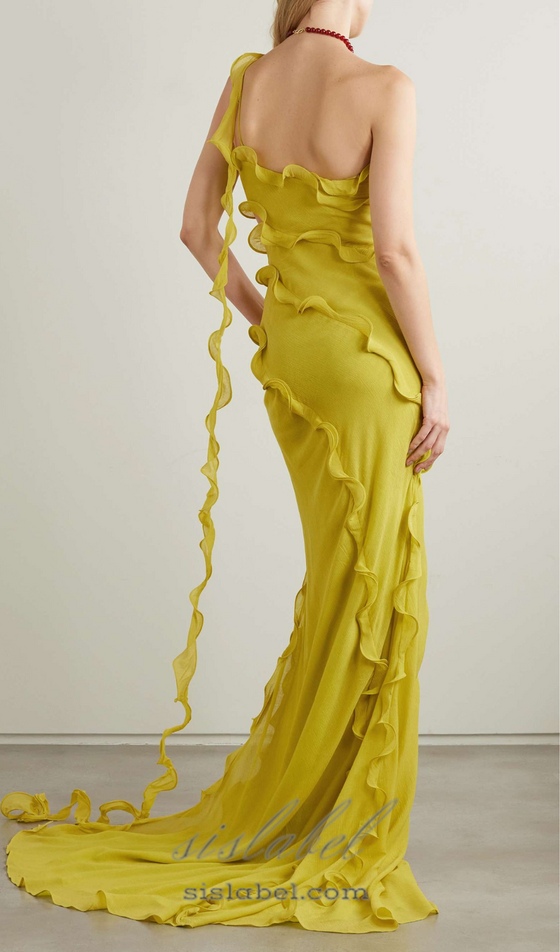 TABITHA YELLOW ONE-SHOULDER ASYMMETRIC CUTOUT GOWN