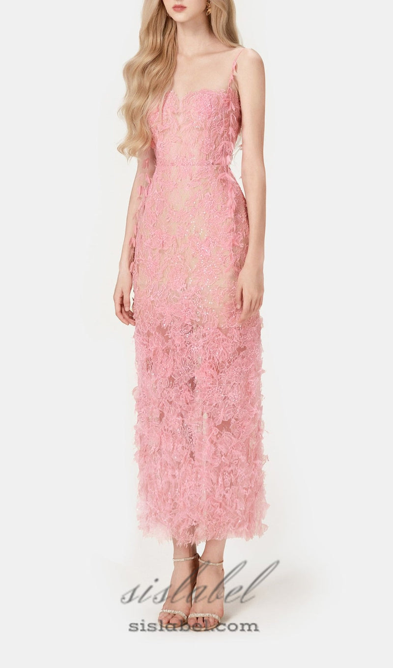 Pink Beaded Lace Pencel Dress