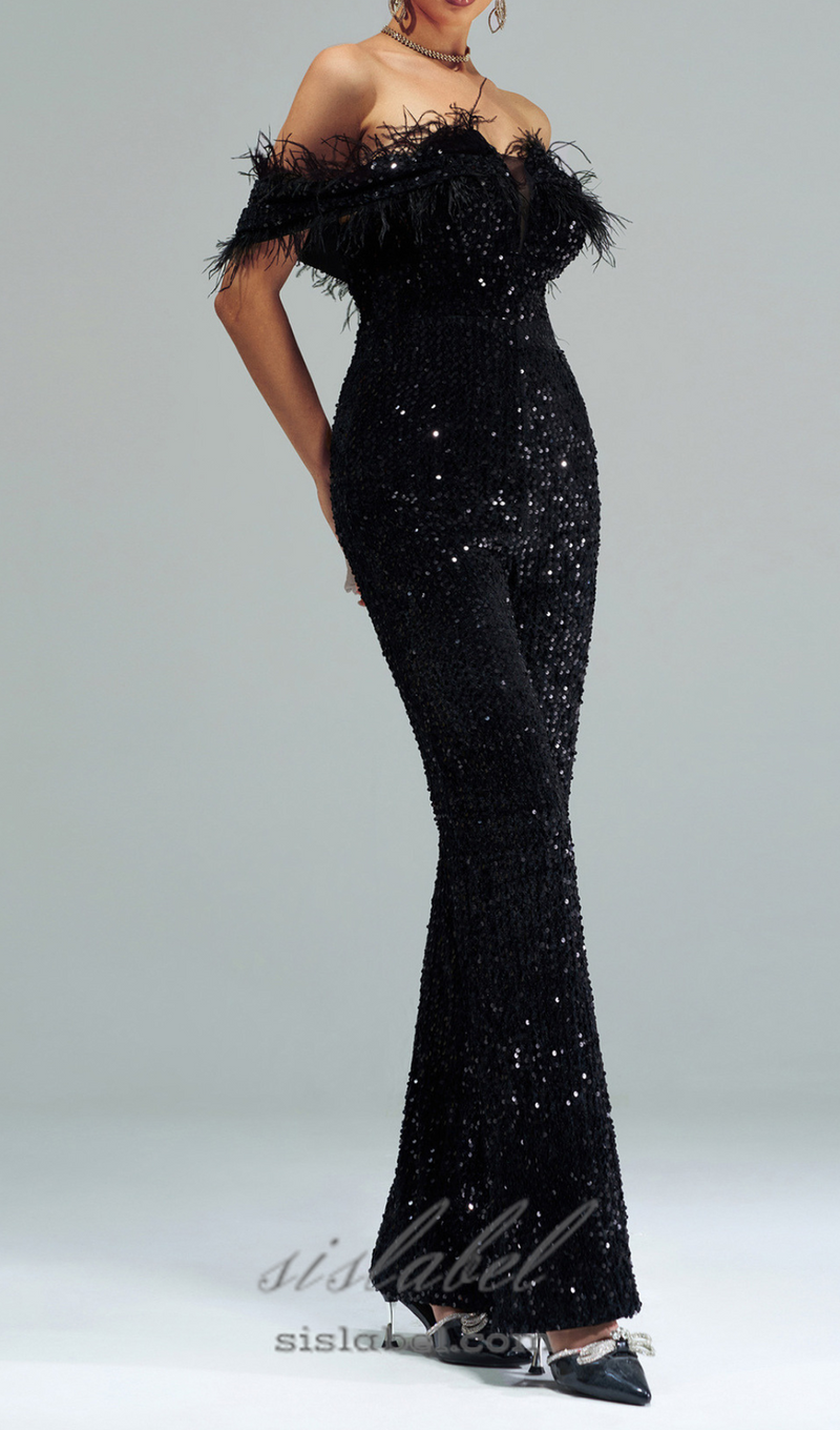 off-shoulder sequin jumpsuit in black