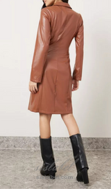 notch lapel leather blazer dress in brown