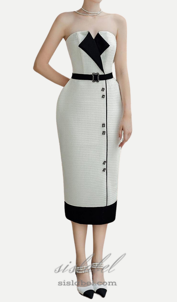 Regina Pegged Semi-Heart Neck Tweed Midi Dress