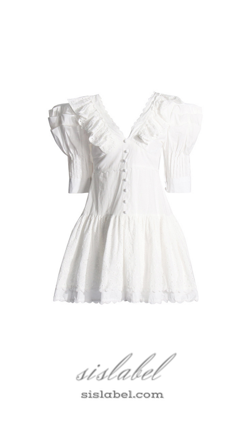 WHITE V-NECK EMBROIDERED RUFFLED MINI DRESS