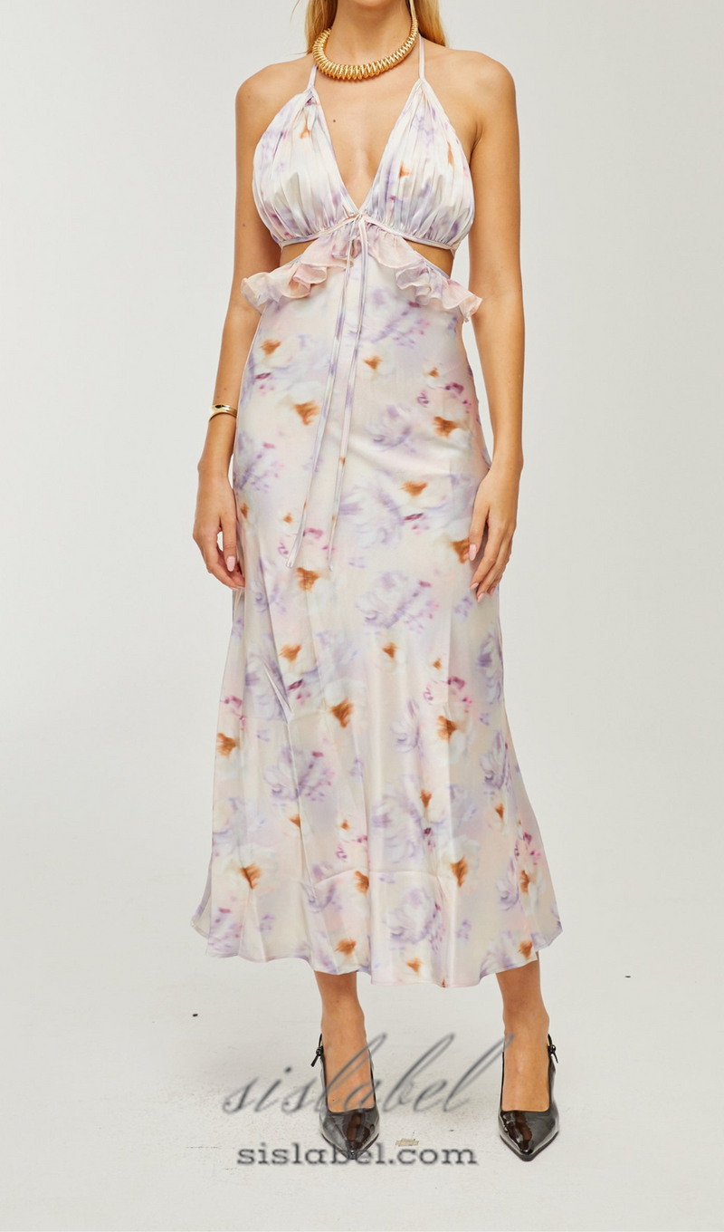 AGATHE DEEP V-NECK FLORAL-PRINT MIDI DRESS