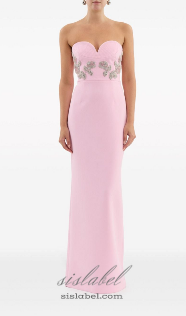 MEROY FLORAL EMBROIDERY STRAPLESS MAXI DRESS IN PINK