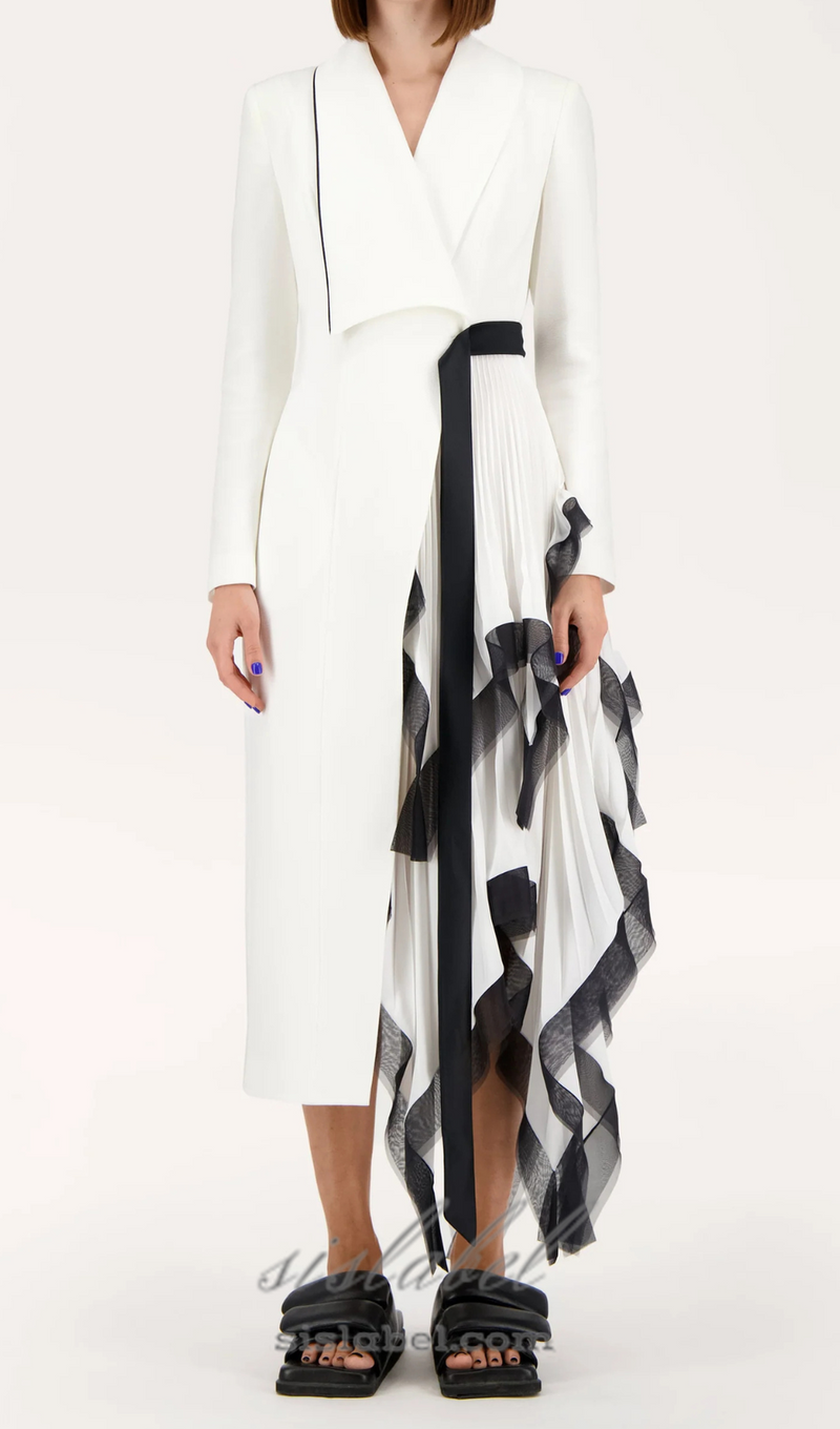 Asymmetric pleated ruffle trim blazer dress in white