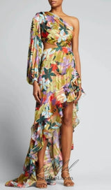 ONE SHOULDER RUFFLR TRIM PRINTED MAXI DRESS