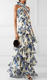 CAROLINE SLEEVELESS RUFFLED PRINT HALTER MAXI DRESS