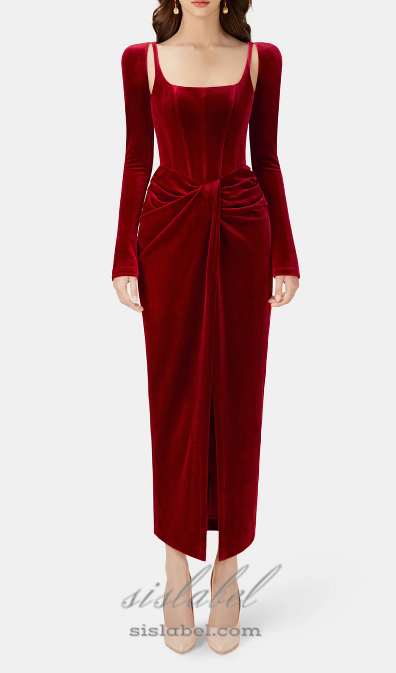 Bordeaux Velvet Draped midi Dress