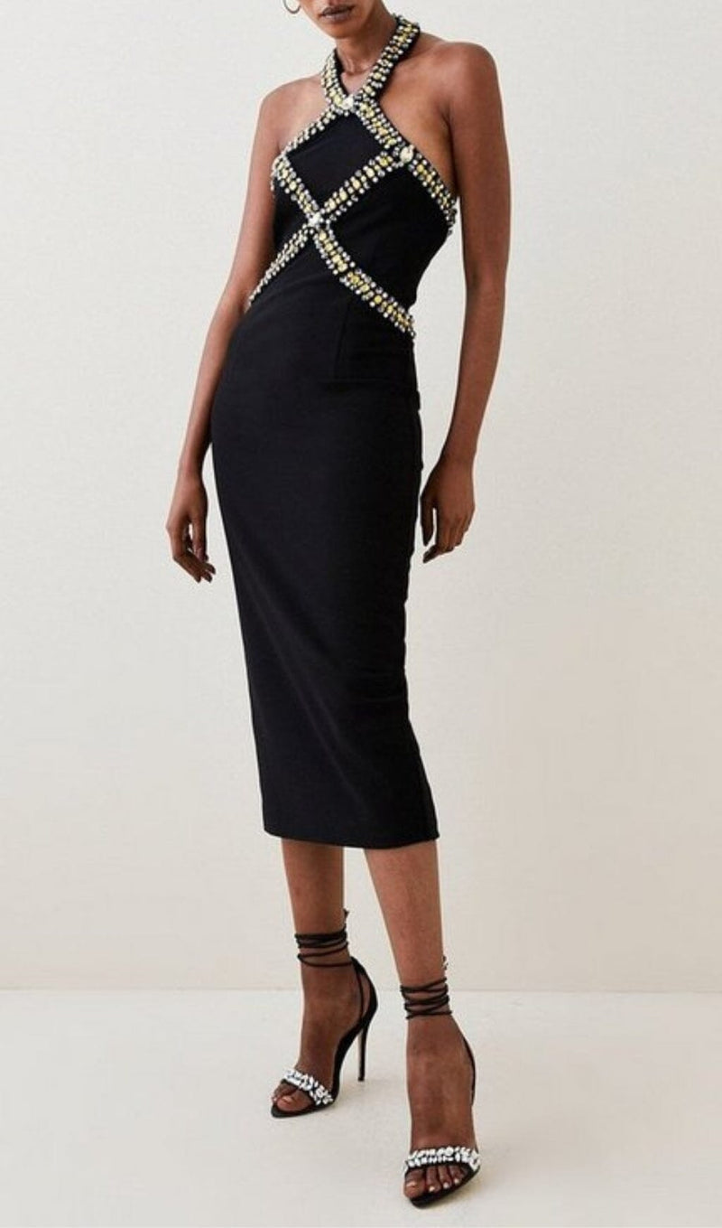 EMBELLISHED HALTER MIDI DRESS IN BLACK