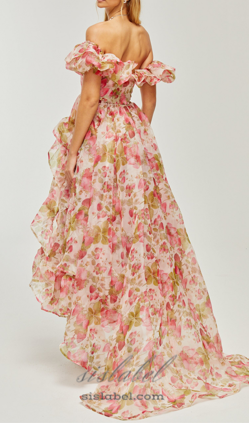 FRUIT-PRINT RUFFLED MAXI DRESS IN PINK