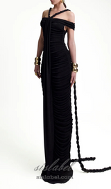 cara black off-shoulder ruched bodycon maxi dress with rope embellished