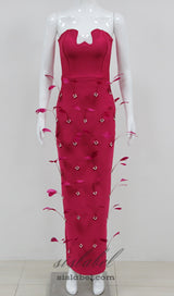 FEATHER BANDAGE MAXI DRESS IN ROSE RED