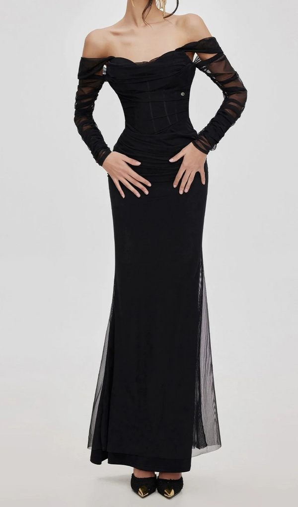 Ariel black Mesh Off-Shoulder Mermaid maxi Dress