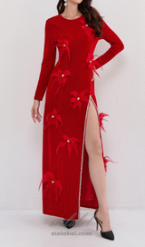 3d feather flower velvet maxi dress in red