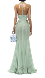 Butterfly Slip Halterneck Tulle maxi Dress in Green