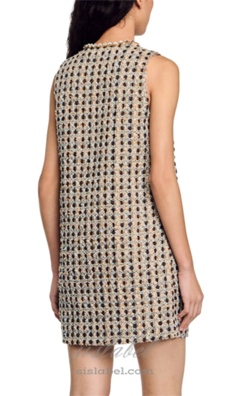 POPPY RHINESTONE-EMBELLISHED TWEED CAMEL MINI DRESS