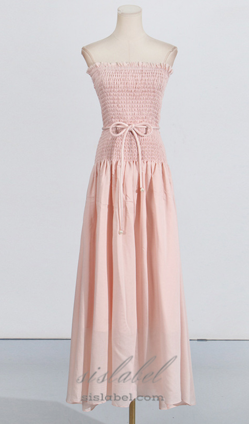 pleated belt chiffon strapless maxi dress in pale pink