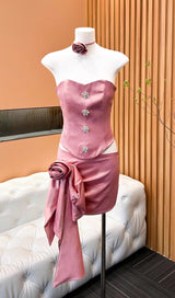 AMBERLY PINK SATIN FLOWER SKIRT SET