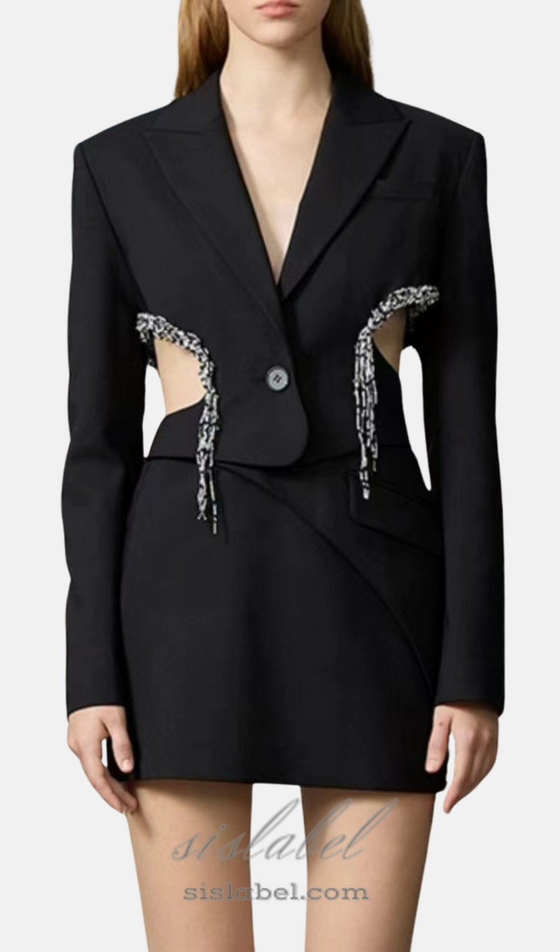 crystal-embellished cut out blazer dress in black