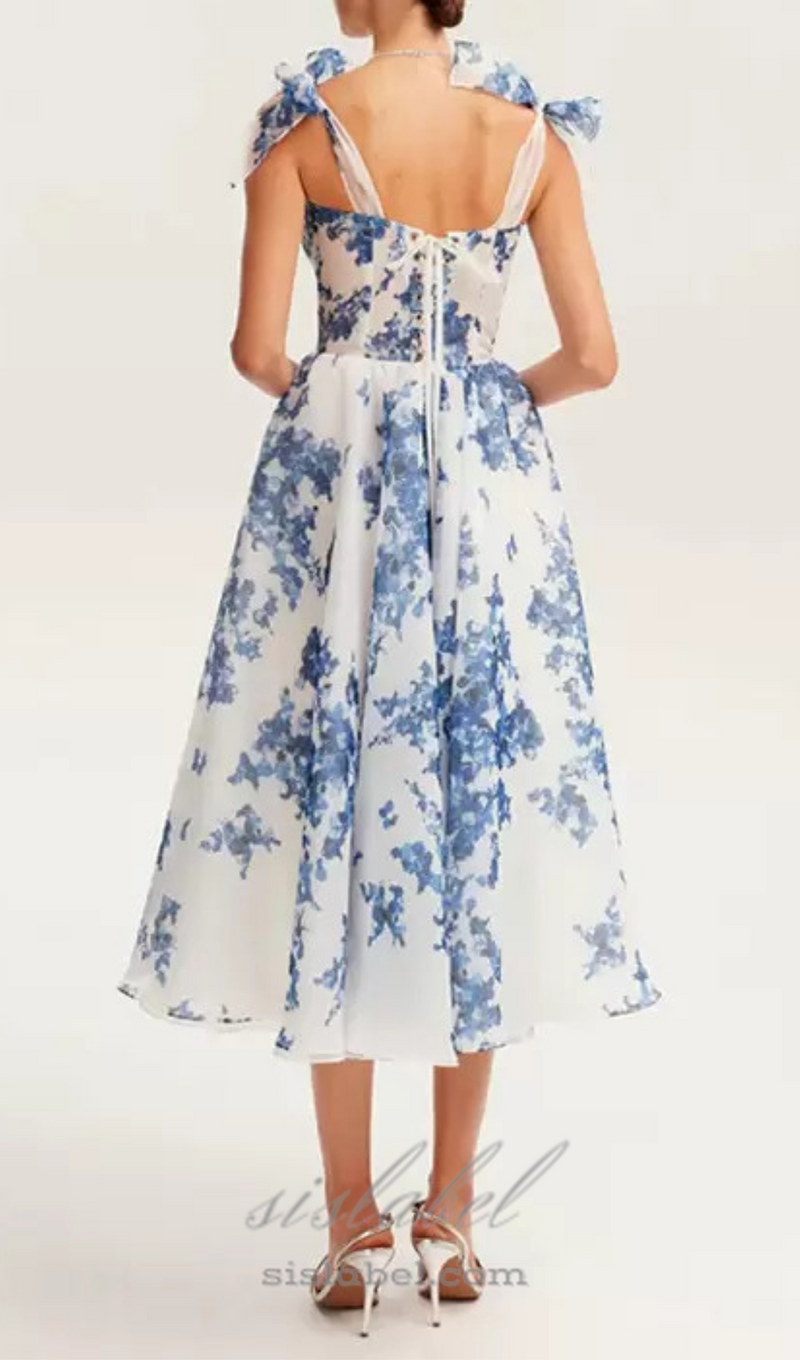 PRIMA PALE BLUE FLORAL A-LINE STRAP MIDI DRESS