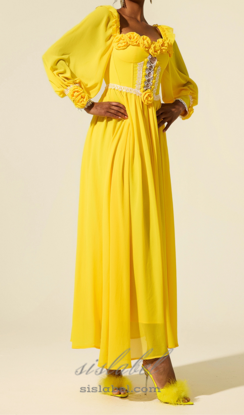 Chiffon 3D Flower Long Sleeve Midi Dress in yellow