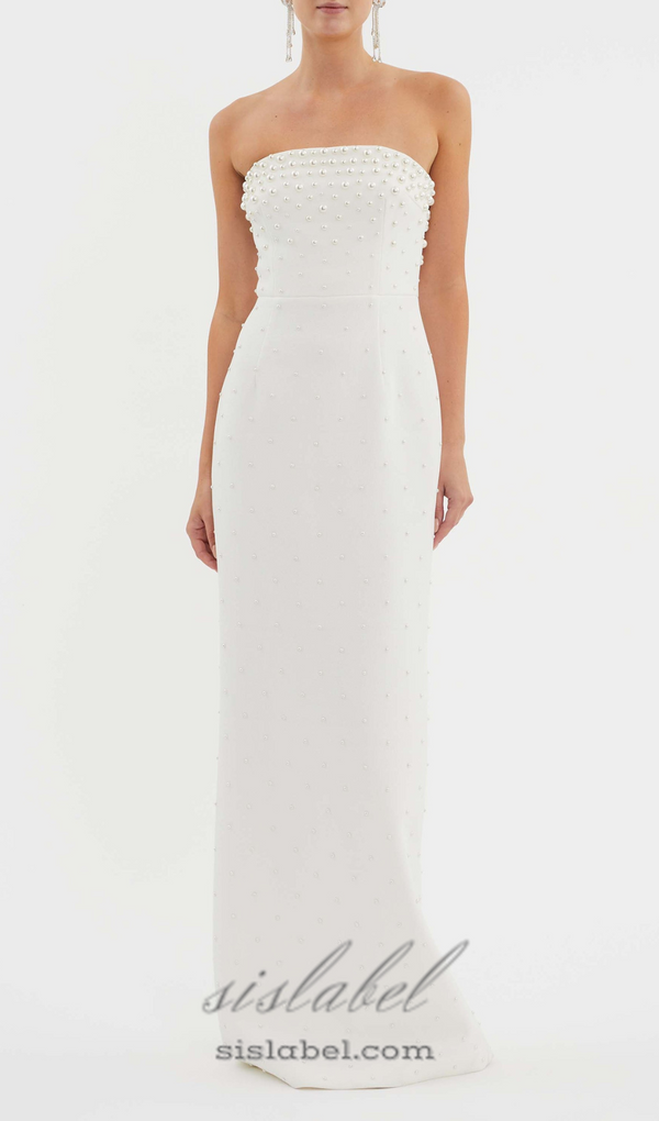 pearl-embellished strapless gown in white