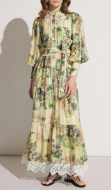 multicolor Floral Print Lace Trim Maxi Dress