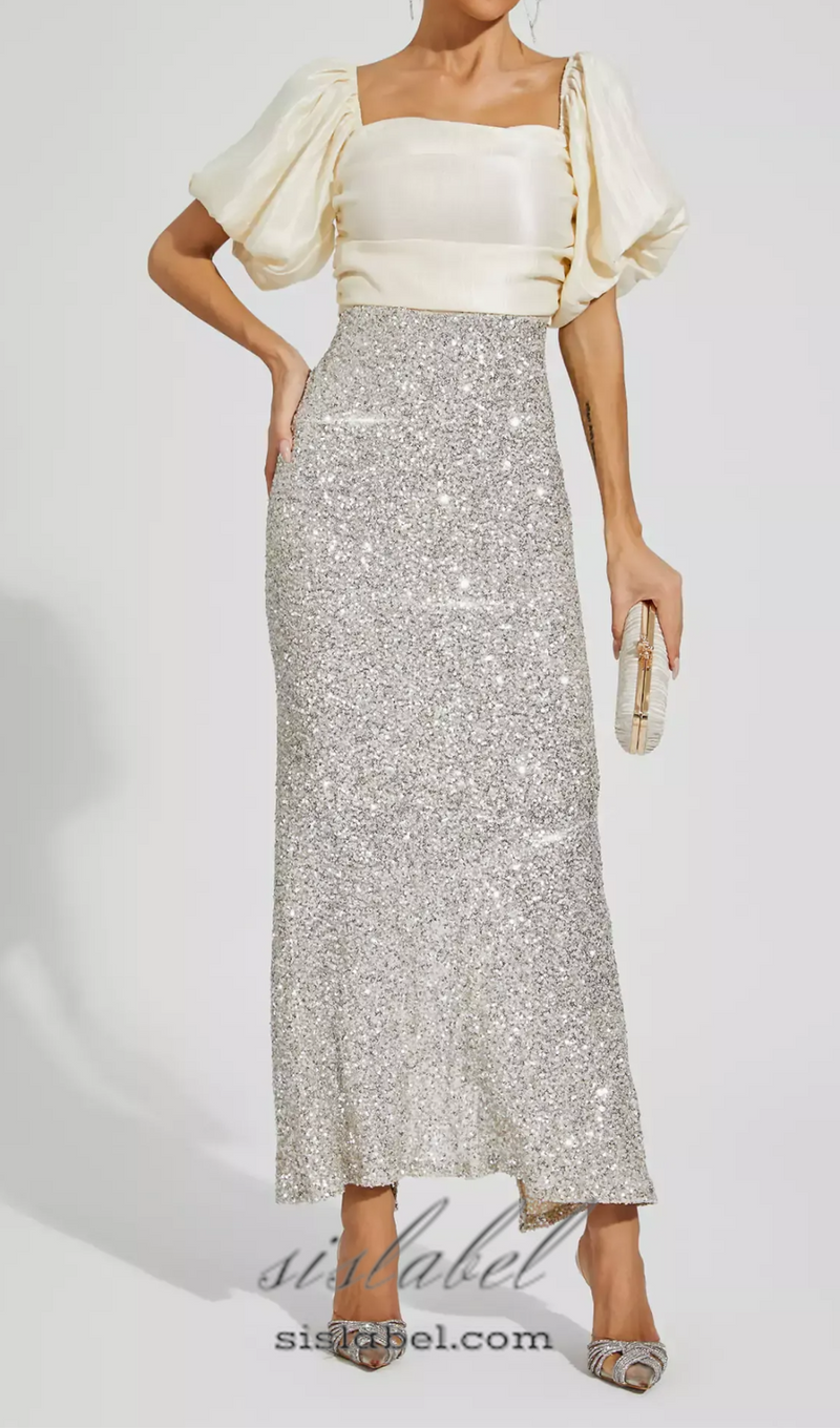 MARIA APRICOT BOW SEQUINS EMBELLISHED MAXI DRESS