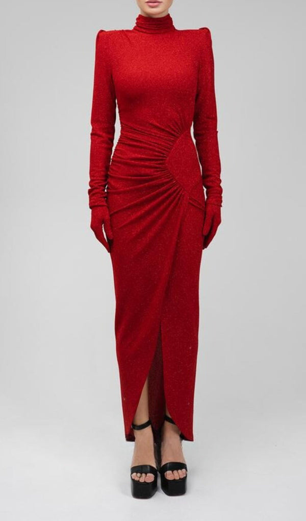 RED SEQUIN-EMBELLISHED RUCHED MAXI DRESS