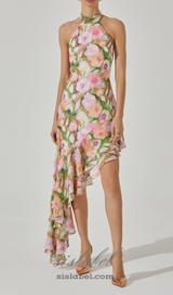 SABINA PINK GREEN ASYMMETRIC FLORAL HALTER MIDI DRESS