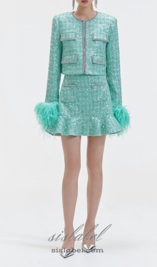 STEPHANIE BOUCLE FEATHER JACKET SUIT IN GREEN