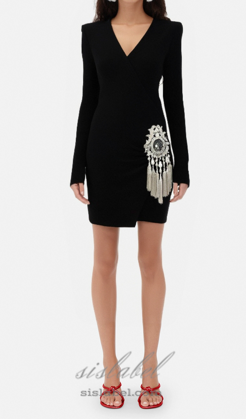 crystal draped embellished black mini dress