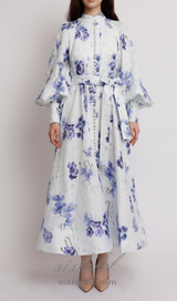 lantern sleeve floral print maxi dress in blue