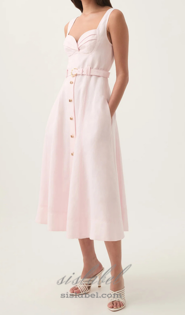 sweetheart neckline belted midi dress in pink