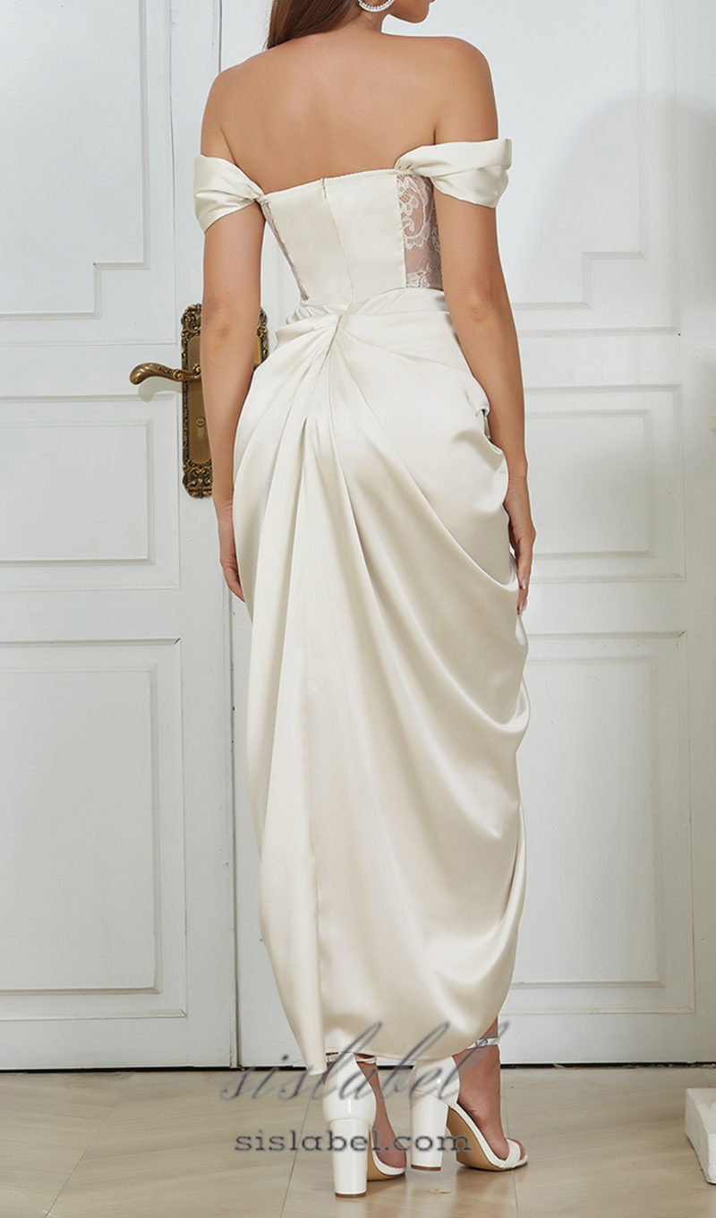 CAMILLE WHITE SATIN CORSET OFF SHOULDER GOWN