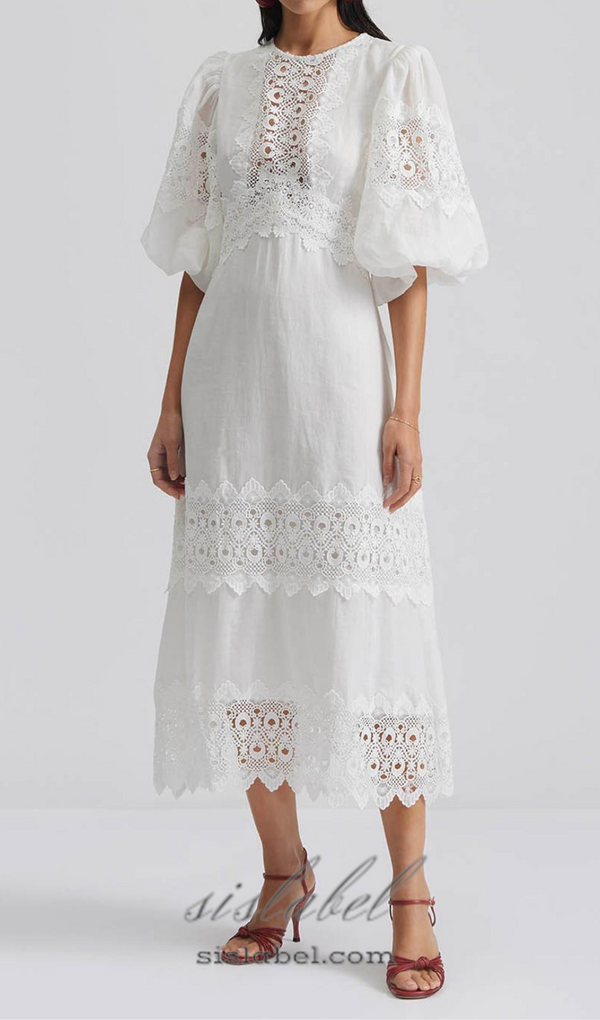 HAZEL WHITE EMBROIDERED ROUND NECK PUFF SLEEVE MIDI DRESS