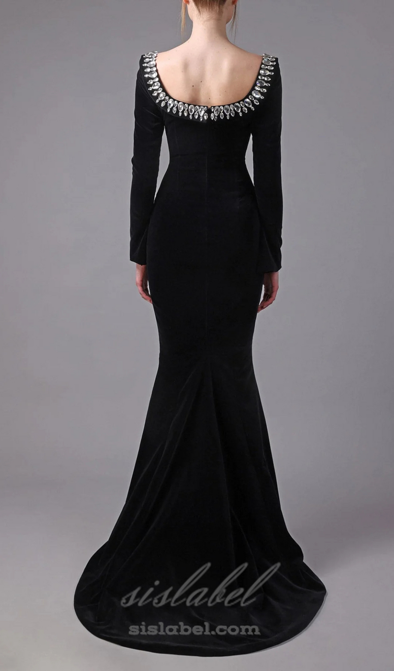 black crepe gown with crystal neckline