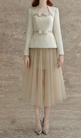 tweed jacket tulle skirt suit in apricot