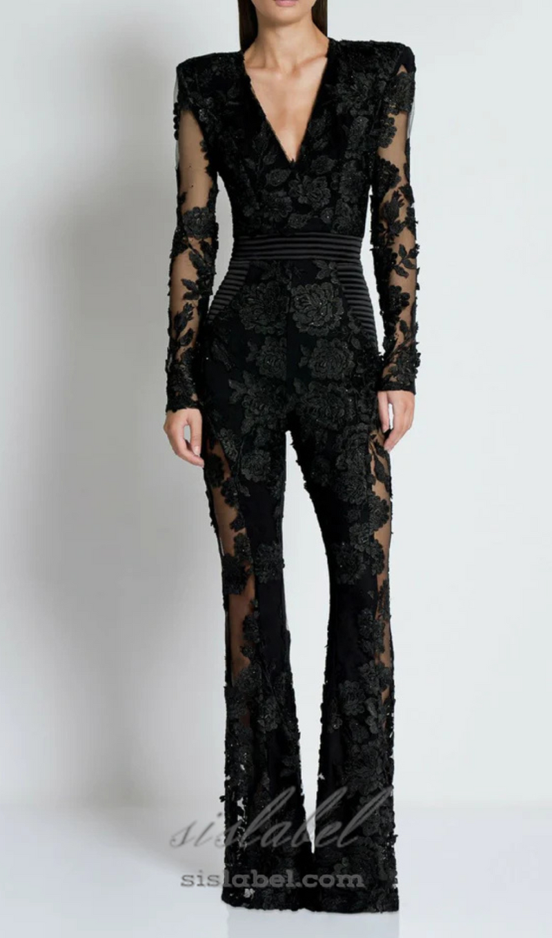 diamond three-dimensional flower jumpsuit in black