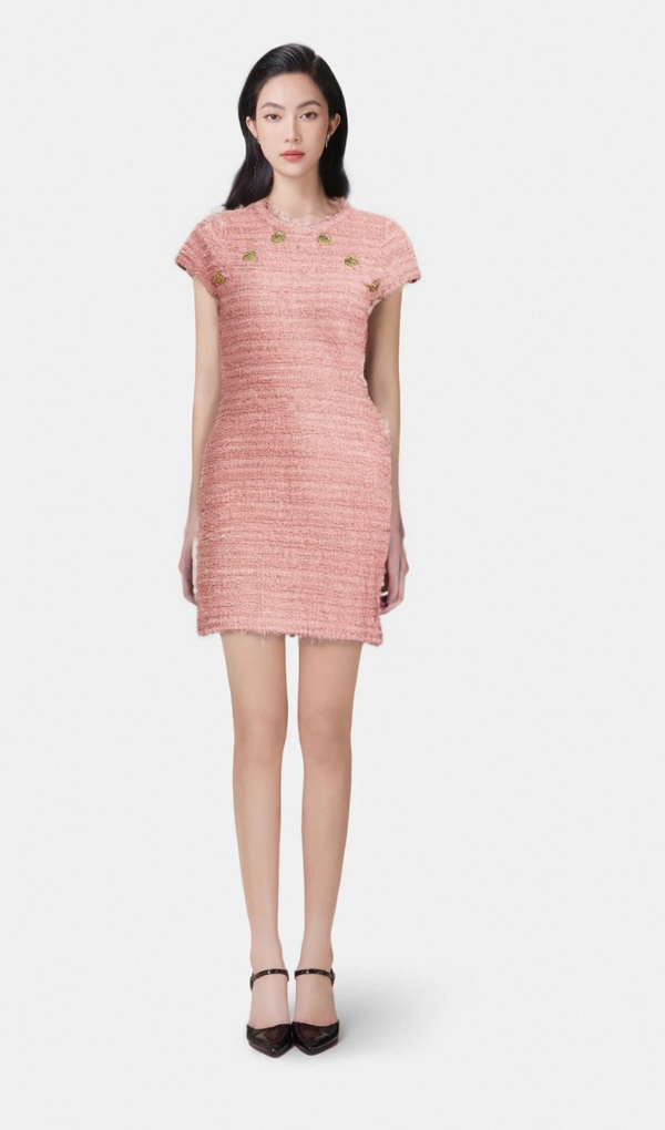 Béatrice pink fringe knitted mini dress