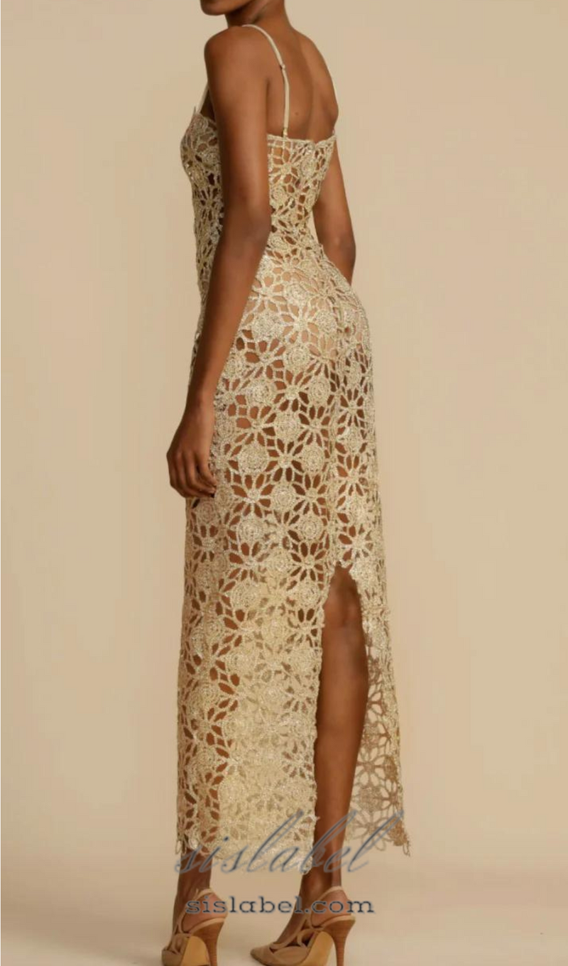 AGNES GOLD LACE CROCHET CUTOUT MIDI DRESS