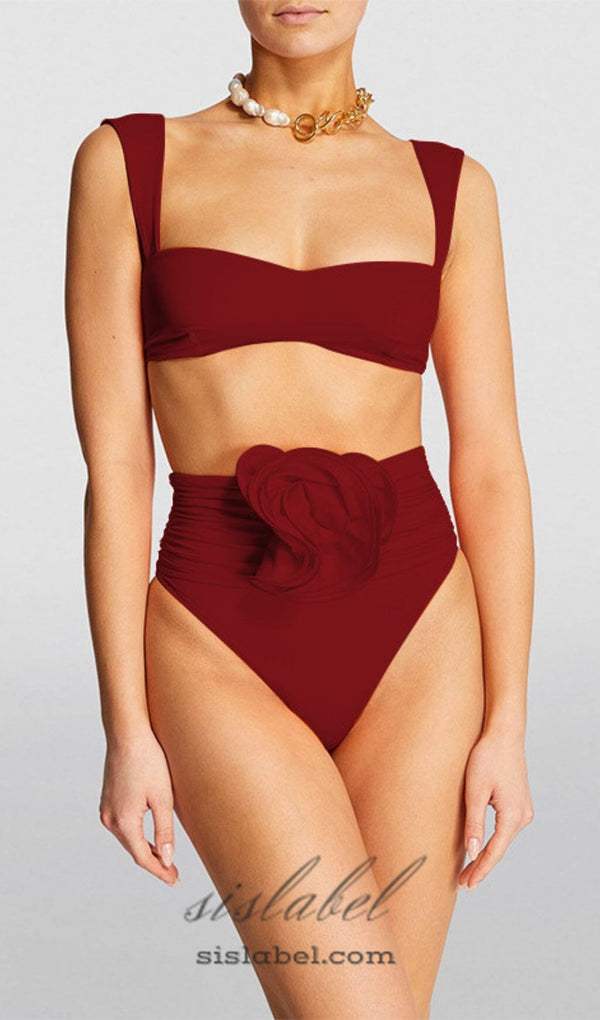 ROSE EMBELLISHED BIKINI SUIT IN BURGUNDY