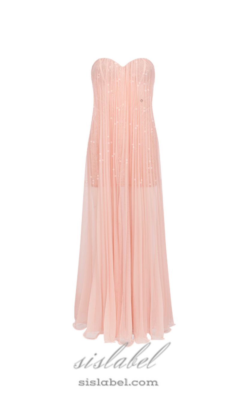 Thea Strapless Mesh Backless maxi Dress in pink