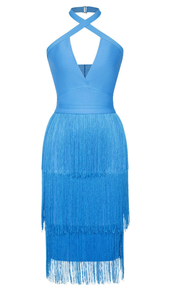 TASSEL HALTER BANAGE MIDI DRESS IN PURE BLUE