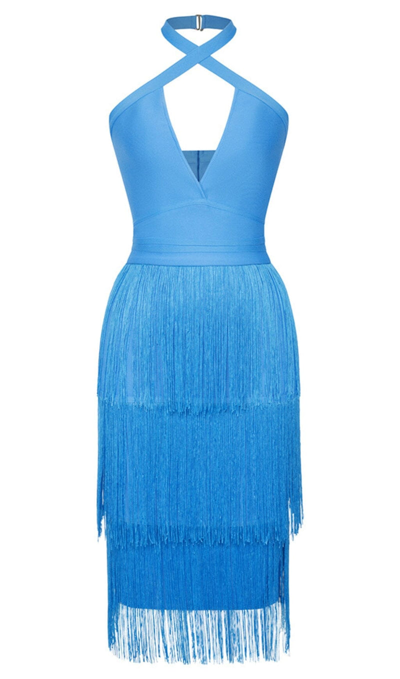 TASSEL HALTER BANAGE MIDI DRESS IN PURE BLUE