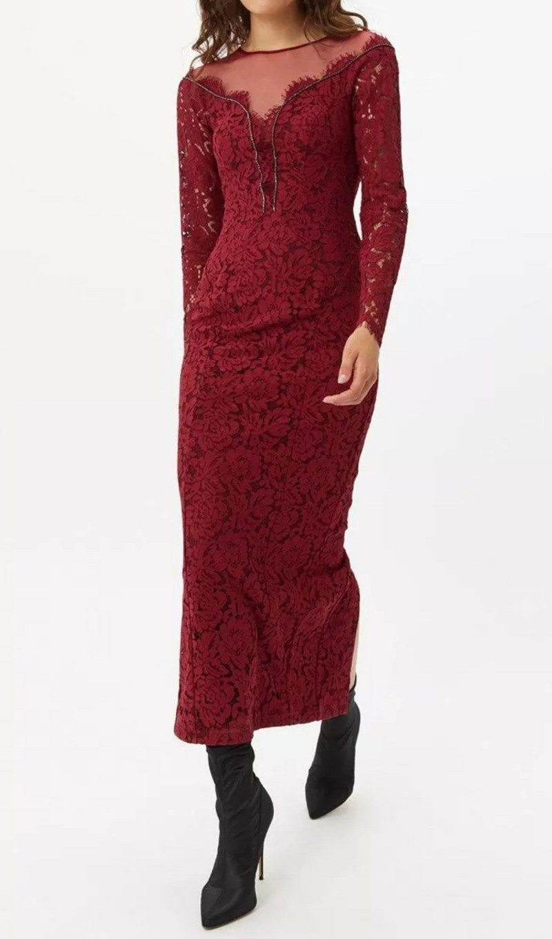 lace hollow maxi dress in red