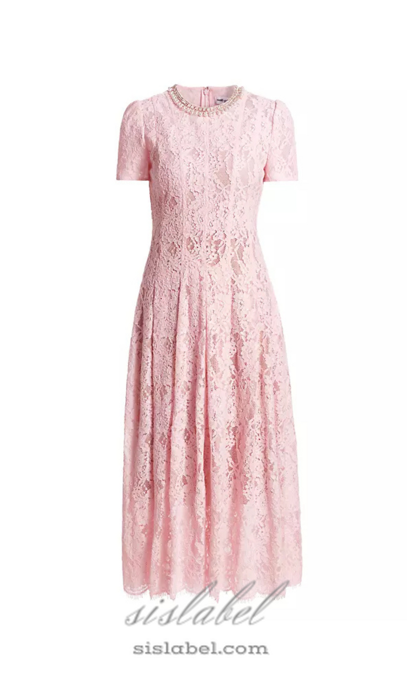 Sequin Floral Lace Midi Dress in pink