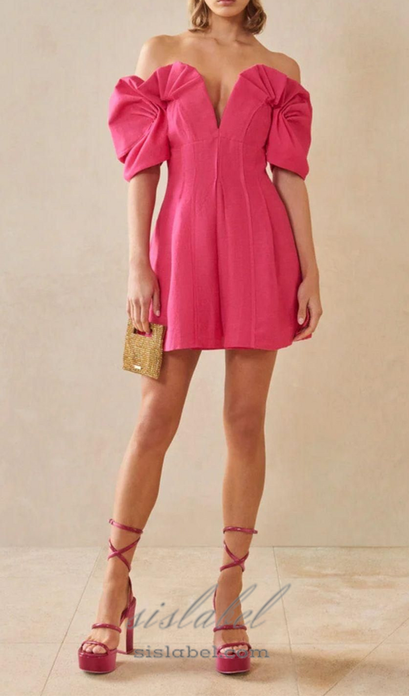 RUFFLED OFF-SHOULDER MINI SILK DRESS IN PINK